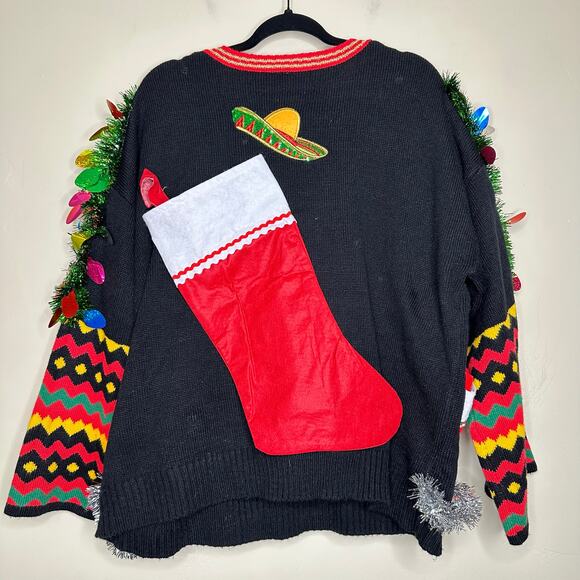 Ugly Christmas Sweater Feliz Navidad LIGHTS UP Tinsel Xmas Party Winner Size XXL - Picture 3 of 5